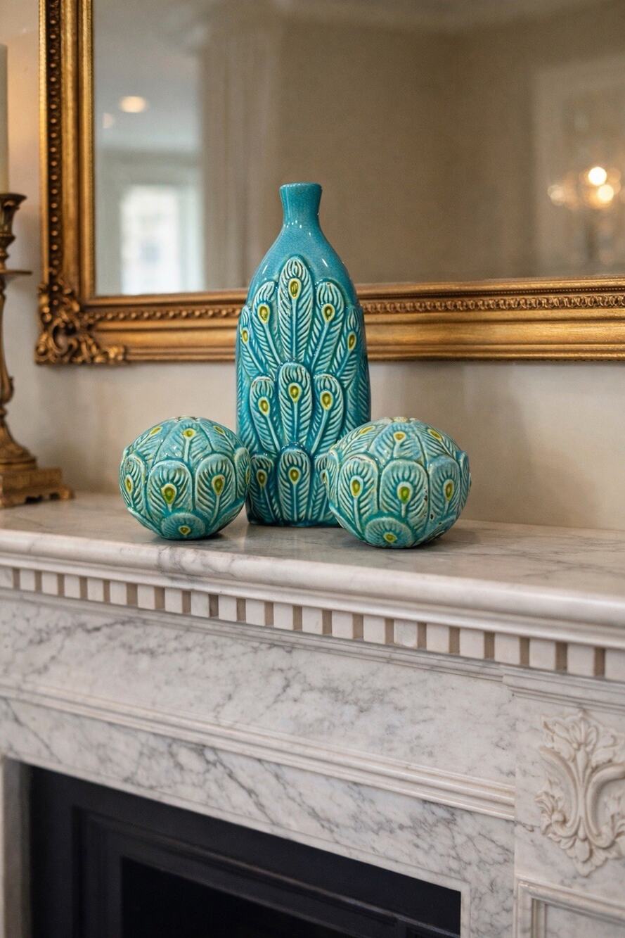 Vintage Turquoise Crackle Glaze Peacock Ceramic Vase & Orb Decor Set of 3